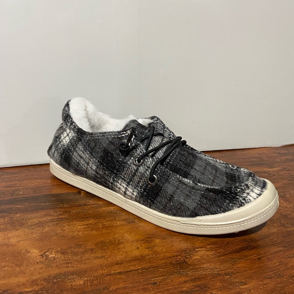 Plaid slip on shoes with fur!
